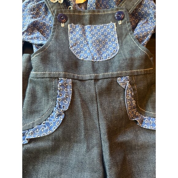 Vintage 80s Baby Girls Denim Overalls & Floral Blouse Set - Picture 4 of 5